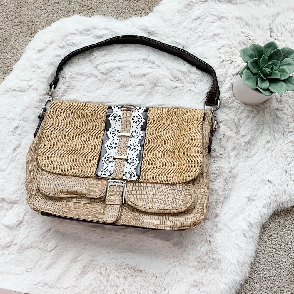 Nicole Tan, Brown, and White Rattan Purse